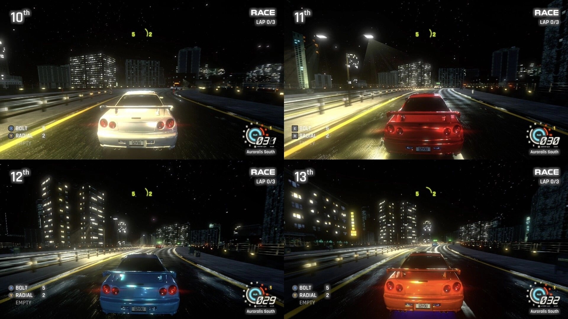 FENDERSHOT: Four-way split-screen race HUD on wet night highway with city lights and positions 10th-13th.