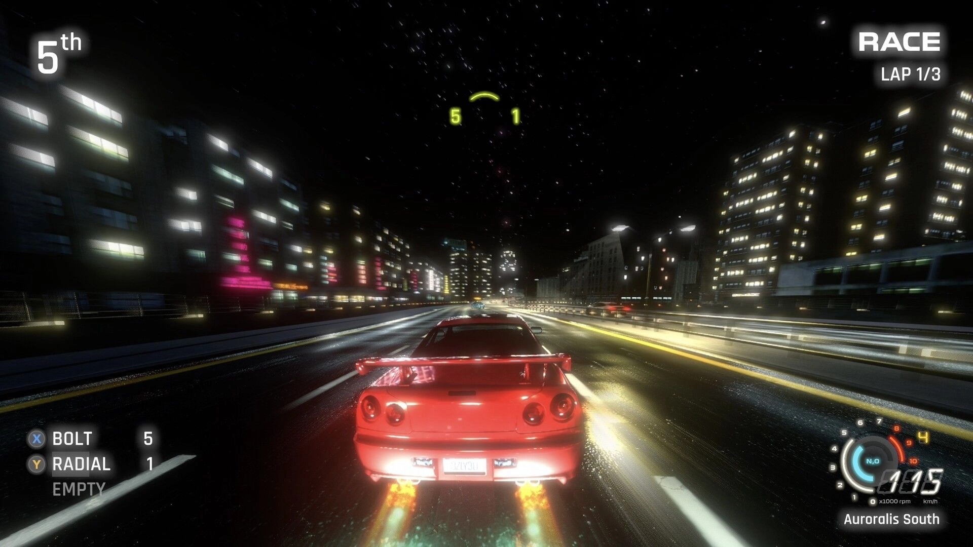 FENDERSHOT: Red car racing at night on wet city highway, 5th place UI, lap 1/3, speedometer 115.