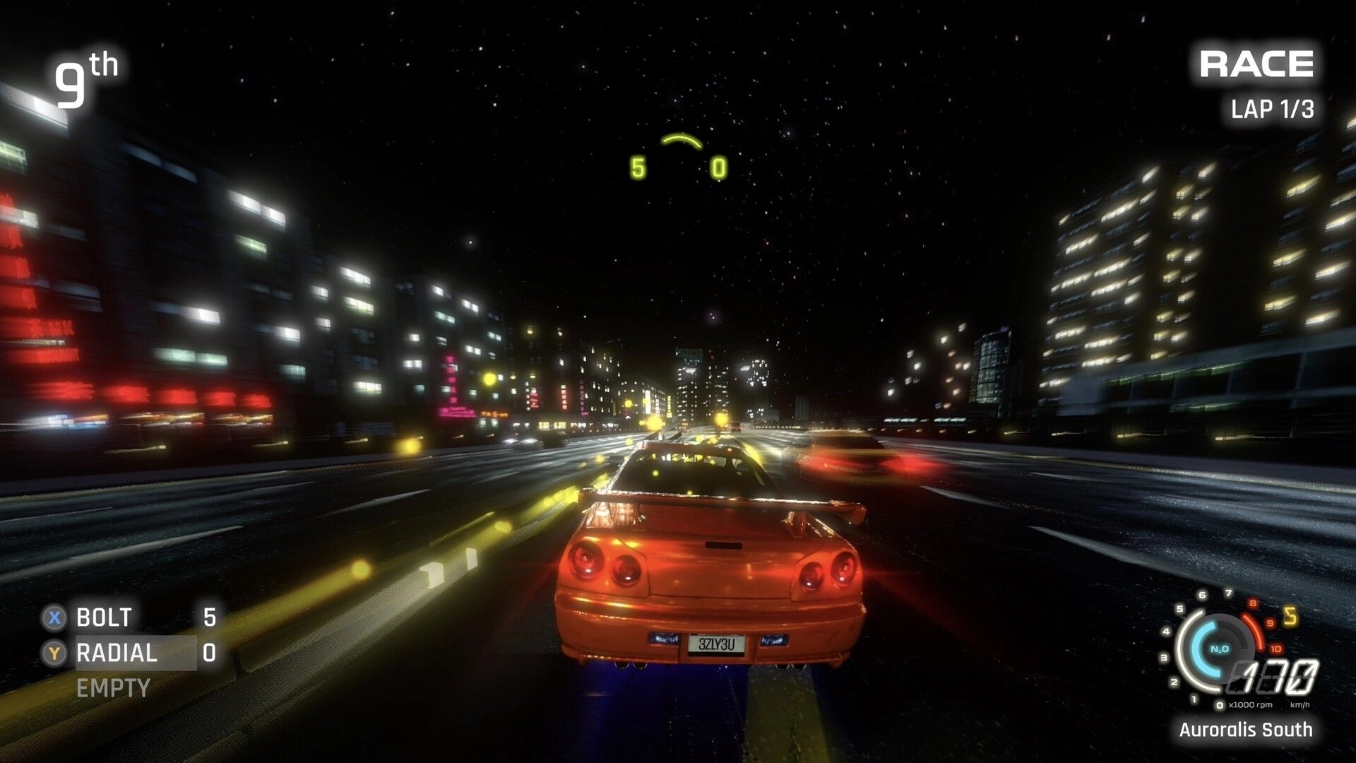 FENDERSHOT: Racing in 9th place with boost HUD and speedometer on a neon city highway at night.