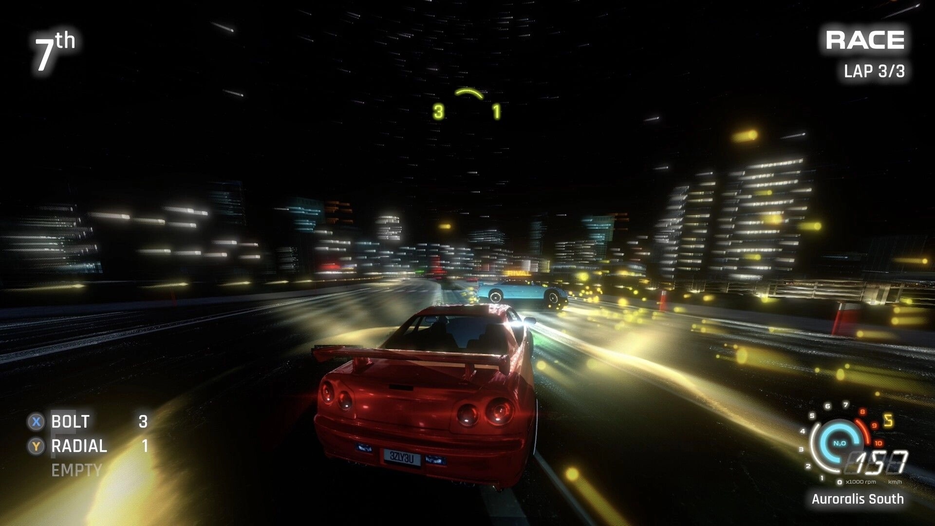 FENDERSHOT: Red car chasing rivals at night on city highway, UI shows 7th place, lap 3/3.