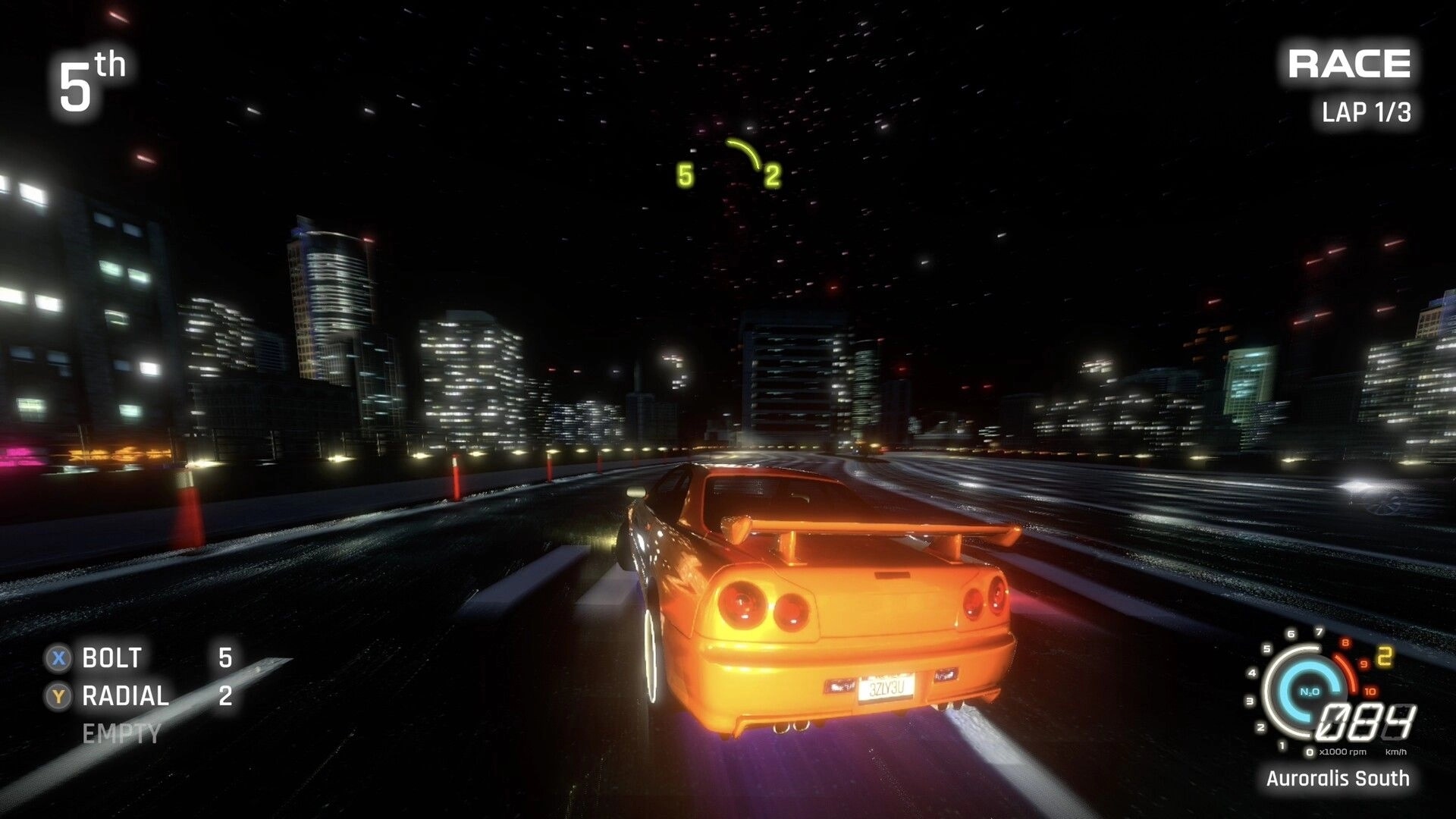 FENDERSHOT: Orange sports car racing at night on city highway, 5th place UI and lap 1/3 HUD.