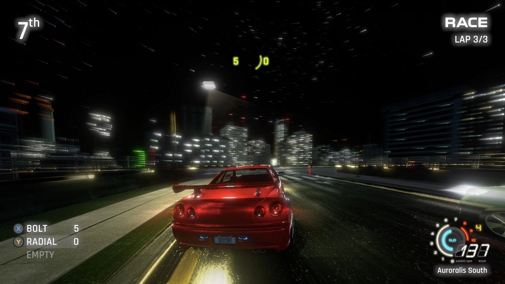 FENDERSHOT: Red sports car racing at night on wet city highway, 7th place UI, lap 3/3 HUD.