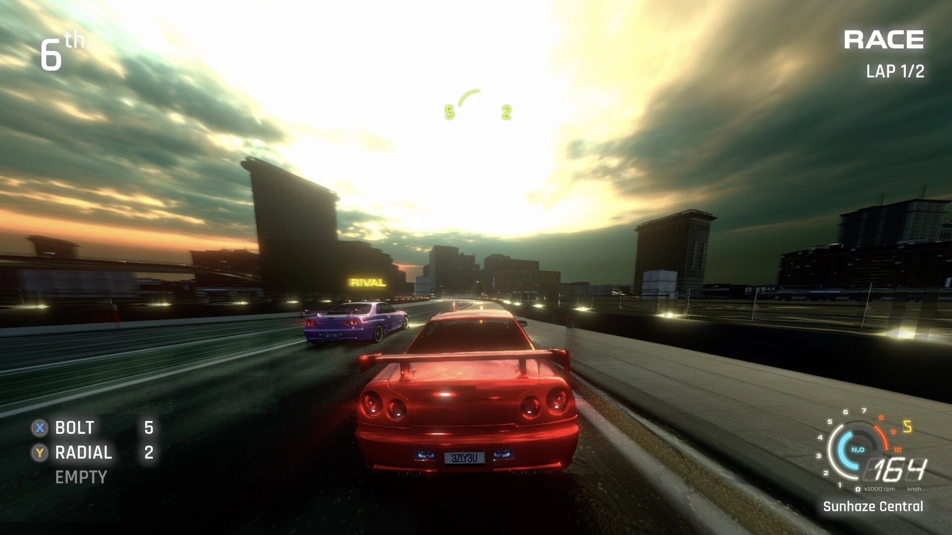FENDERSHOT: Red car racing in 6th past a rival on a city highway at sunset, lap 1/2 HUD.