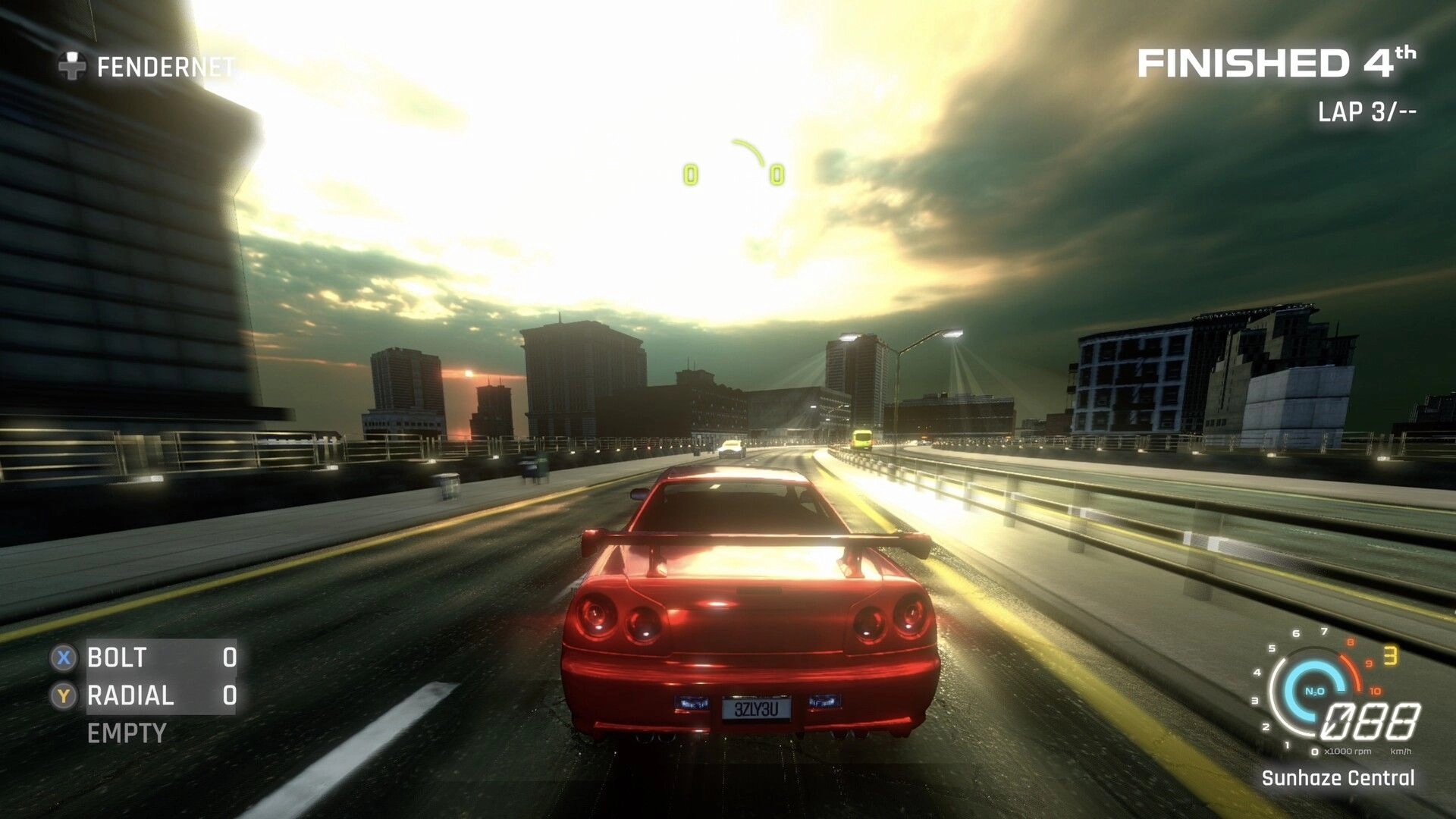 FENDERSHOT: Red sports car cruising a city highway at sunset, HUD shows Finished 4th and speedometer.