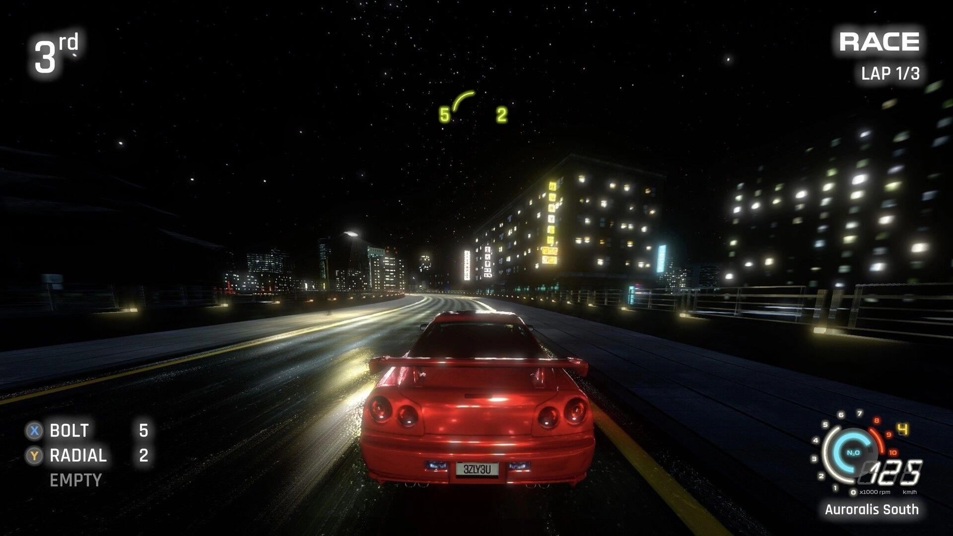 FENDERSHOT: Red sports car racing at night on wet city highway, 3rd place HUD and 125 km/h speedometer.