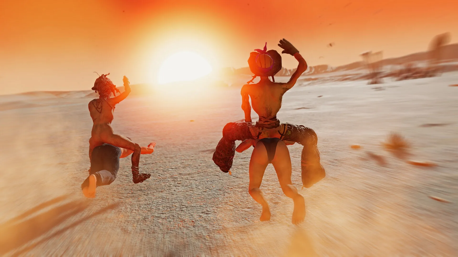 Feral Metaverse: Characters racing across a sunlit desert landscape with dynamic motion blur effects