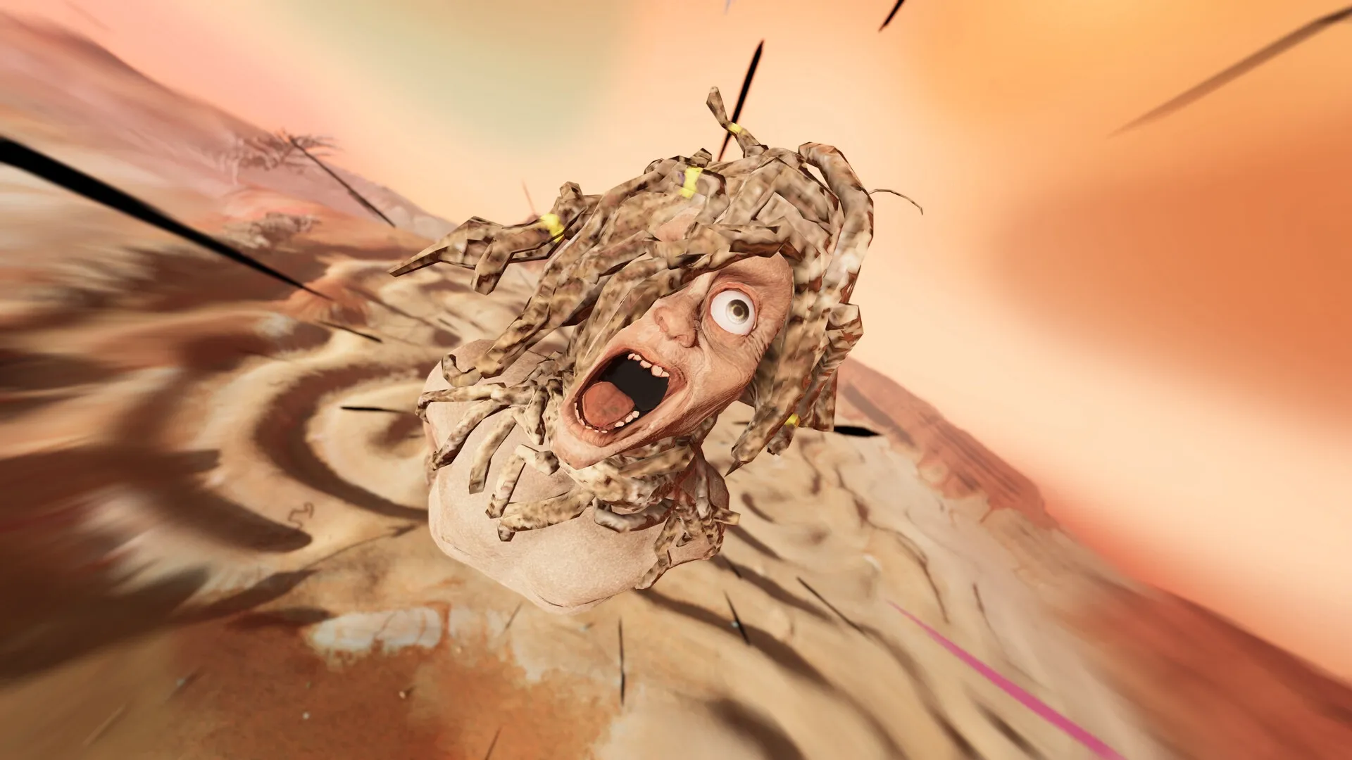 Feral Metaverse: Surreal head with wild expression flying over desolate, swirling desert landscape