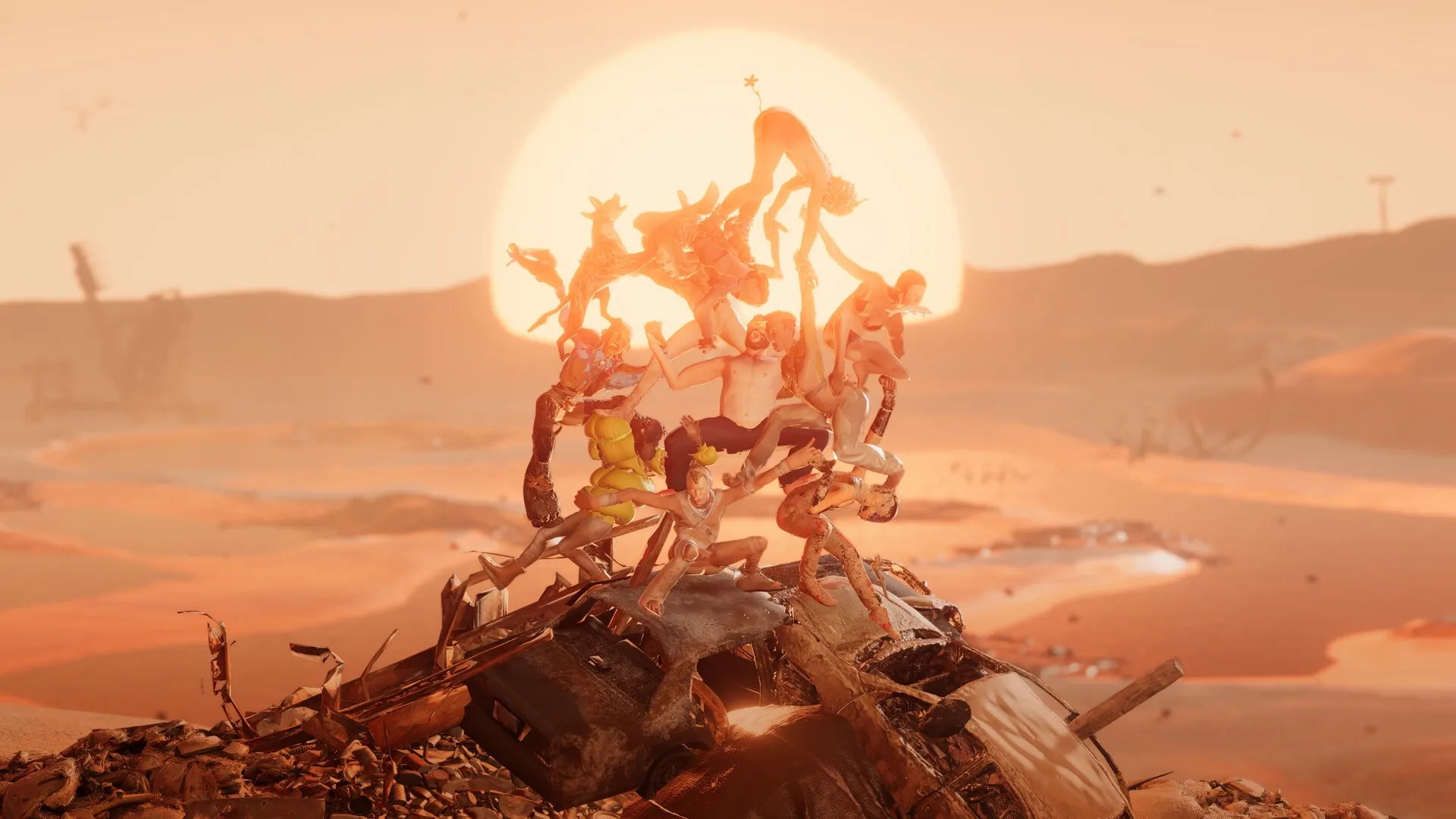 Feral Metaverse: Characters forming a chaotic human pyramid atop wreckage in a sunlit desert wasteland.