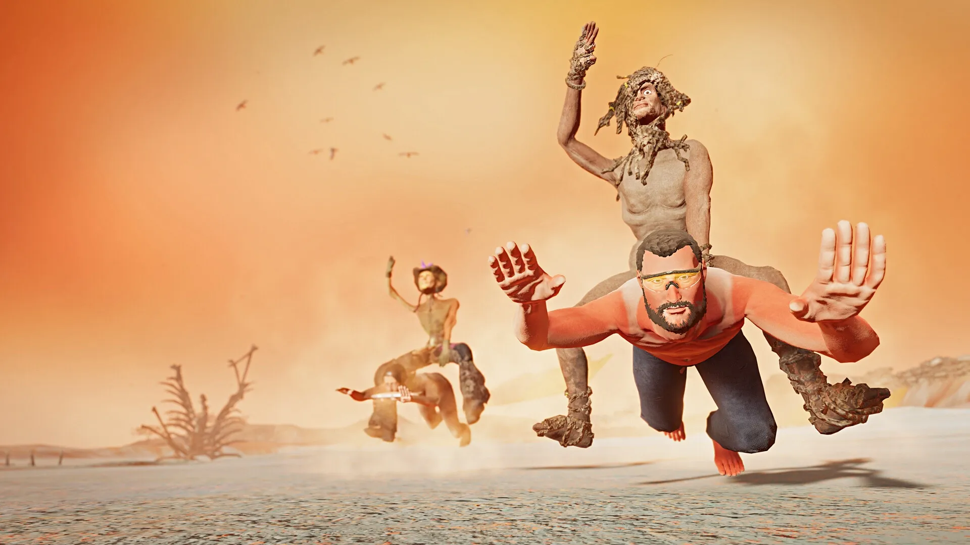 Feral Metaverse: Players running through a desert wasteland, with one character riding piggyback on another.