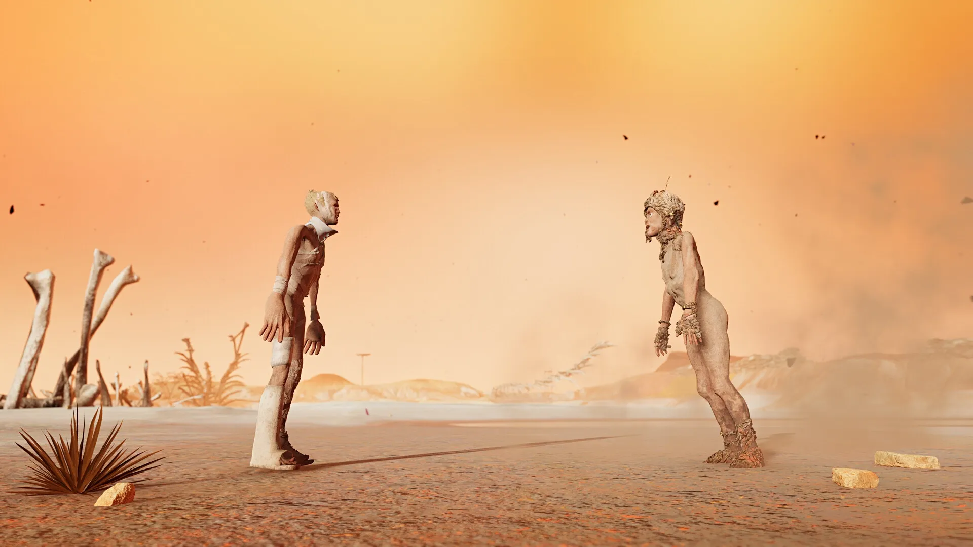Feral Metaverse: Two humanoid characters face off in a barren desert landscape with scattered bones.