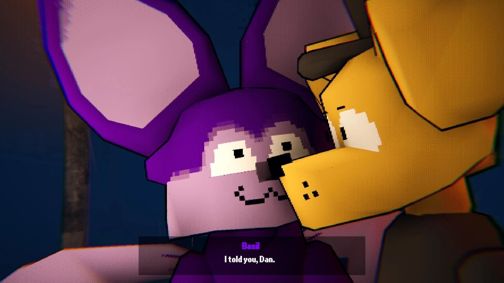 FERALPALS: Close-up dialogue cutscene of Basil confronting Dan, subtitle box reads “I told you, Dan.”.