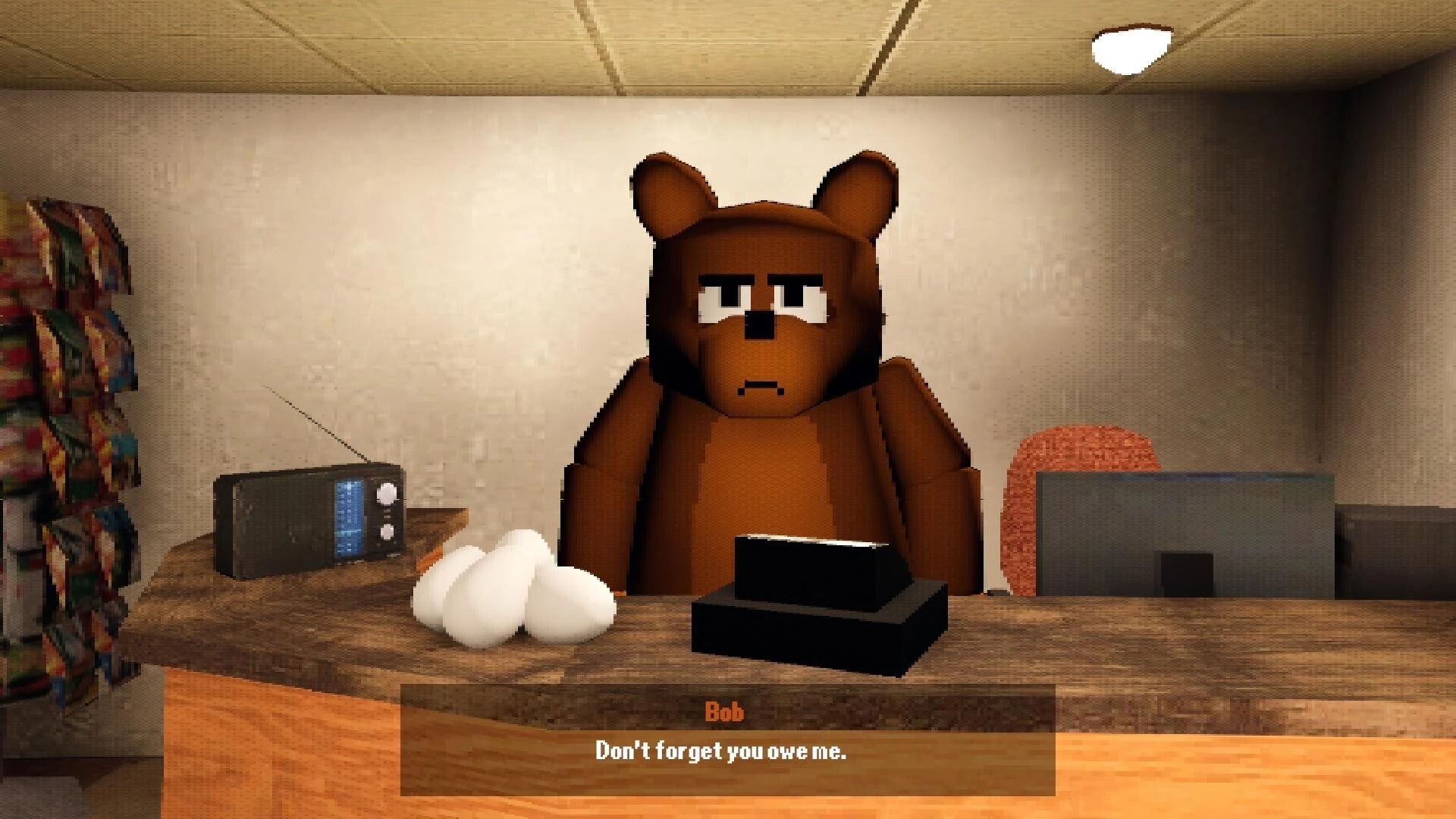 FERALPALS: Talking to Bob the bear clerk behind a desk with radio and eggs in a small office room.