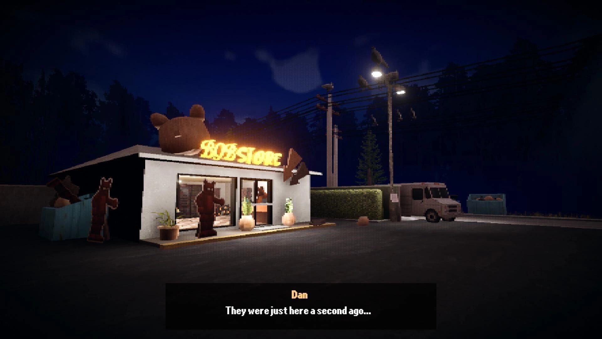 FERALPALS: Night view of the Food Store with bear mascots outside and dialogue box reading Dan text.