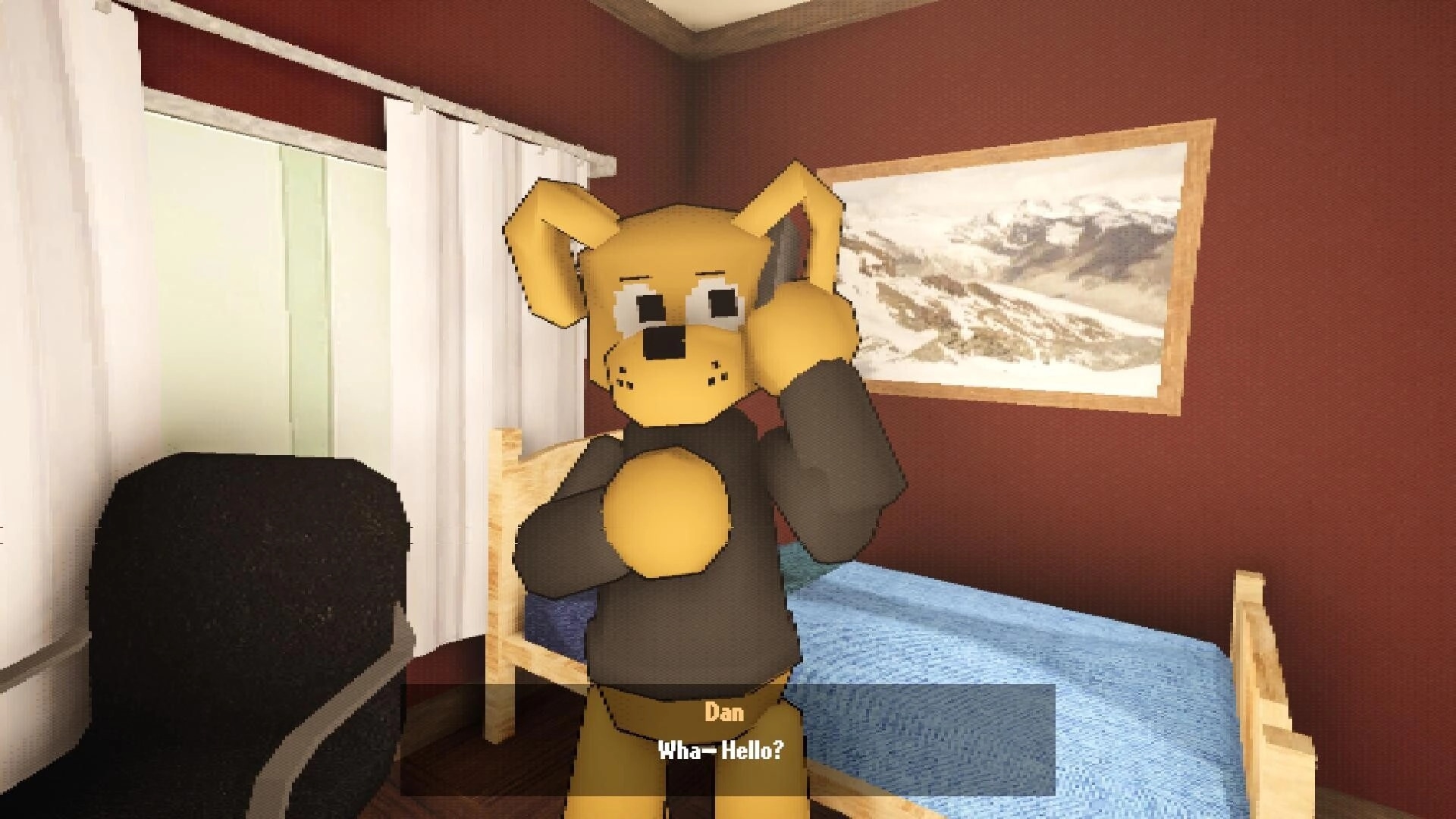FERALPALS: Dan the yellow dog mascot answers a phone in a bedroom, dialogue box reads “Wha--Hello?”.