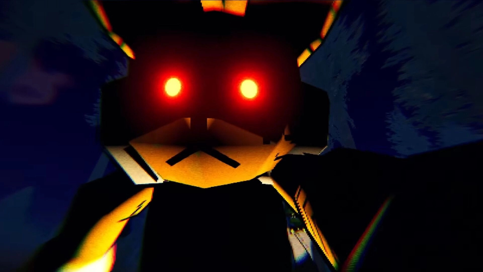 FERALPALS: Close-up of a furry mascot with glowing red eyes lunging at the camera in darkness.