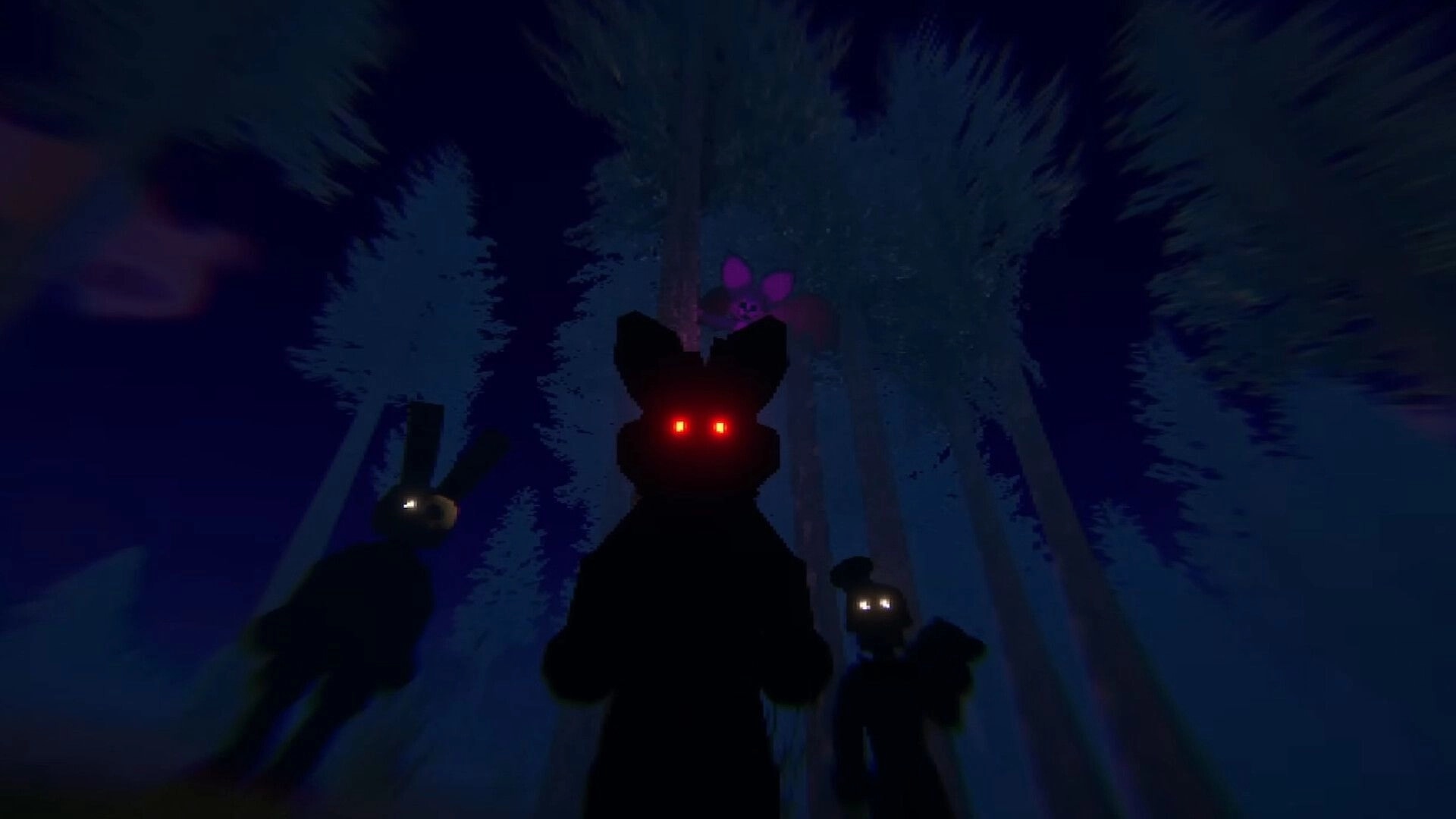 FERALPALS: Glowing-eyed Pal silhouettes surround the player in a dark, foggy forest at night.