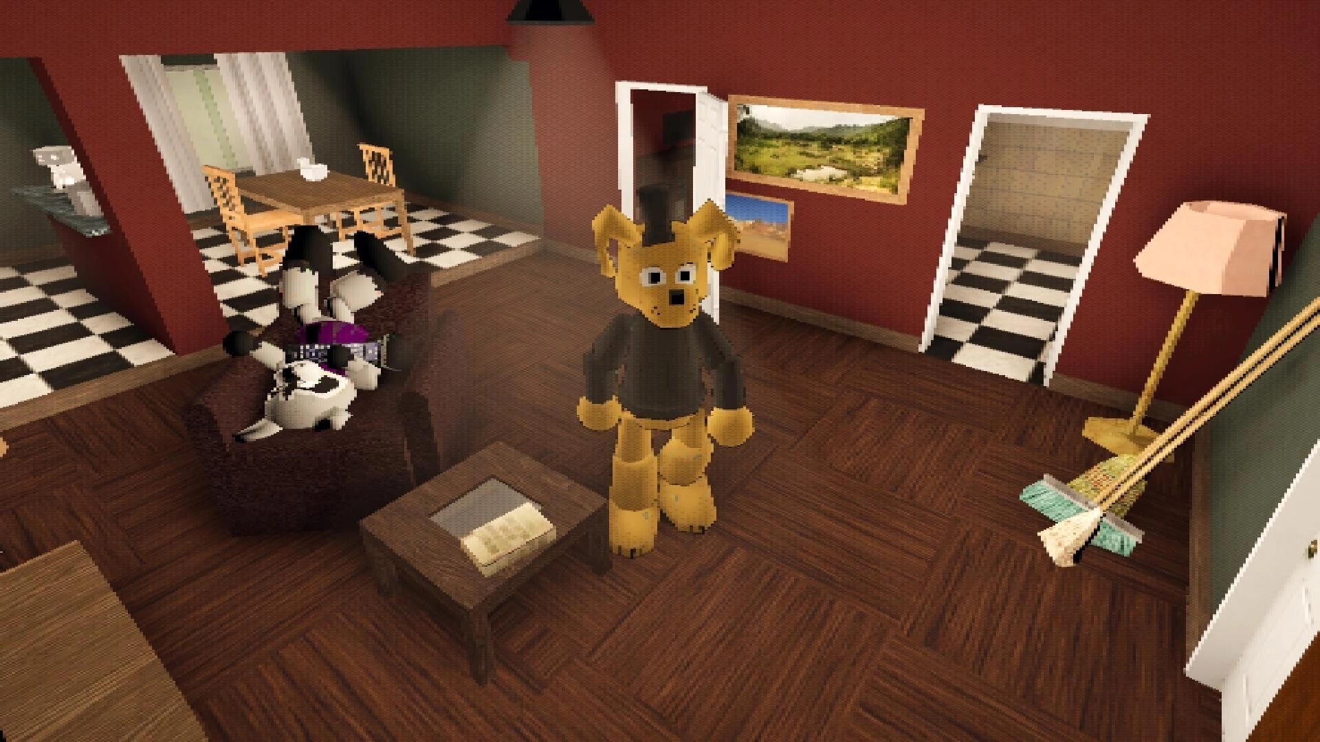 FERALPALS: Yellow bear-like Pal stands in a living room as another Pal lies on a couch nearby.