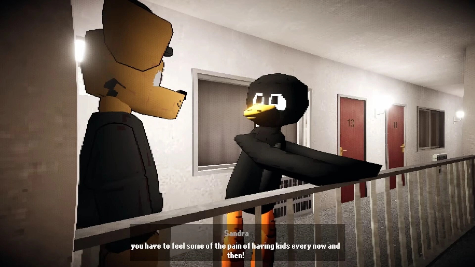 FERALPALS: Dialogue scene with Sandra the bird pal talking to a fox pal in an apartment hallway.