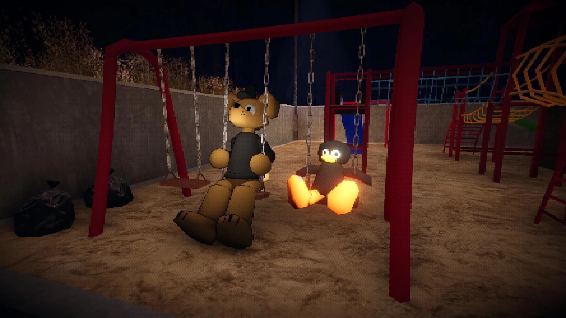 FERALPALS: Plush bear and penguin mascots on playground swings at night beside red jungle gym.