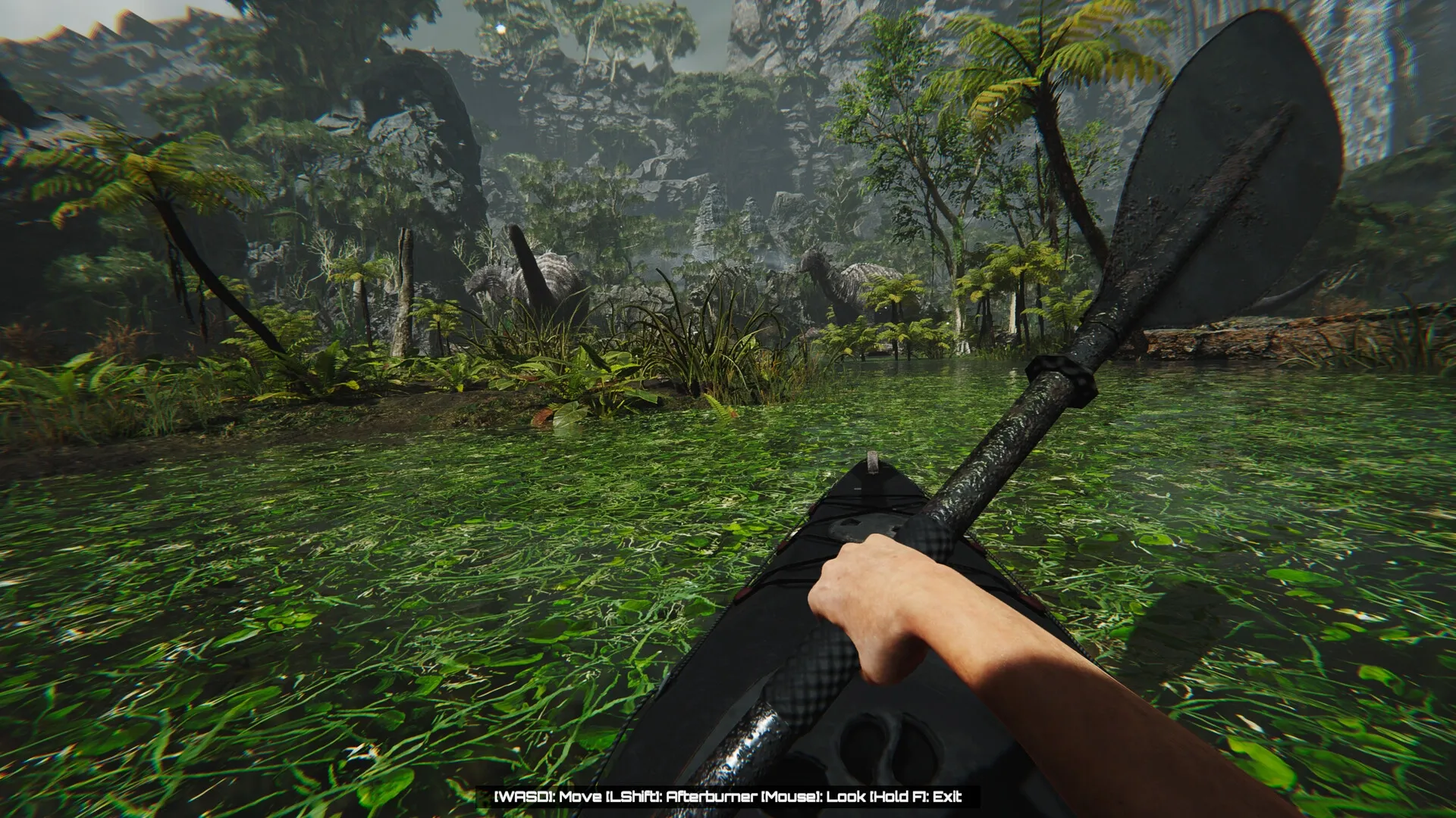 FEROCIOUS: Paddling through lush jungle river with dinosaurs visible in the distance
