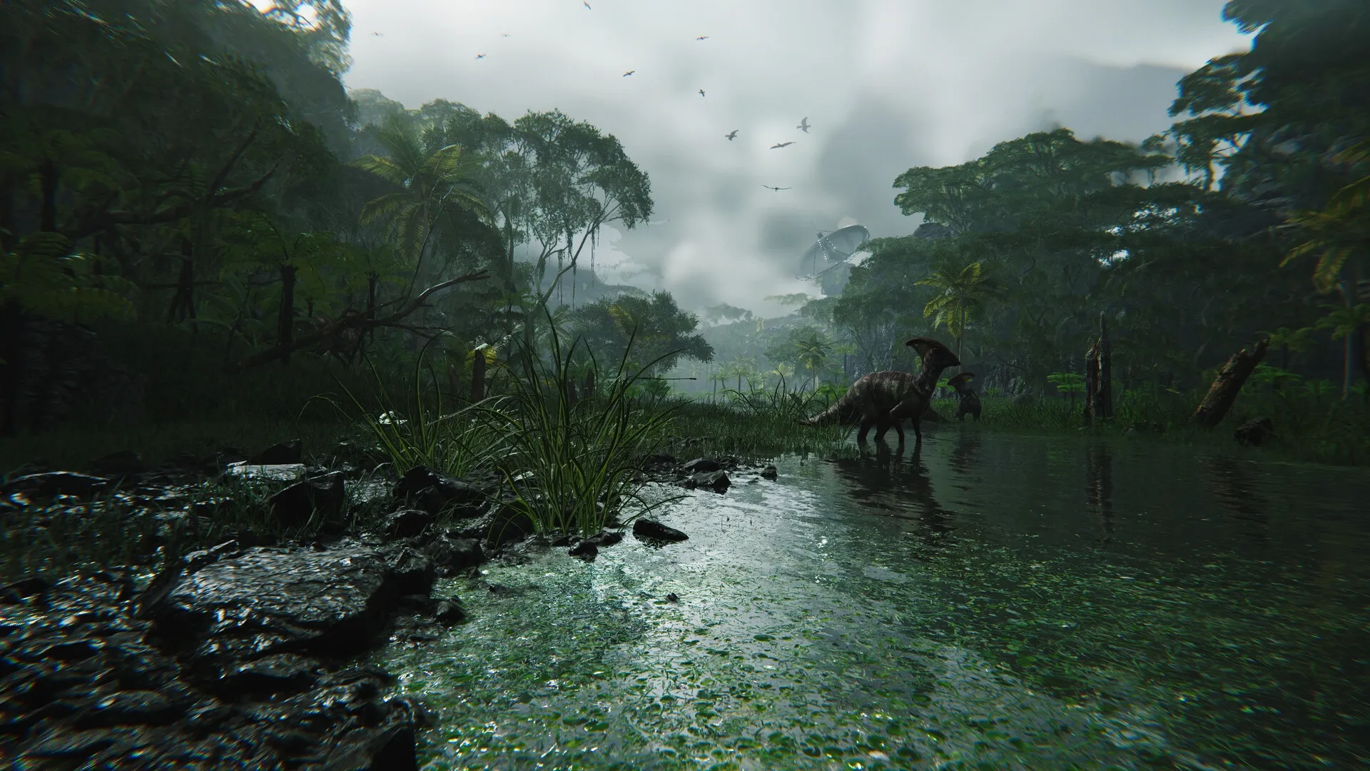 FEROCIOUS: Dinosaurs roam a dense, misty jungle with a satellite dish in the background