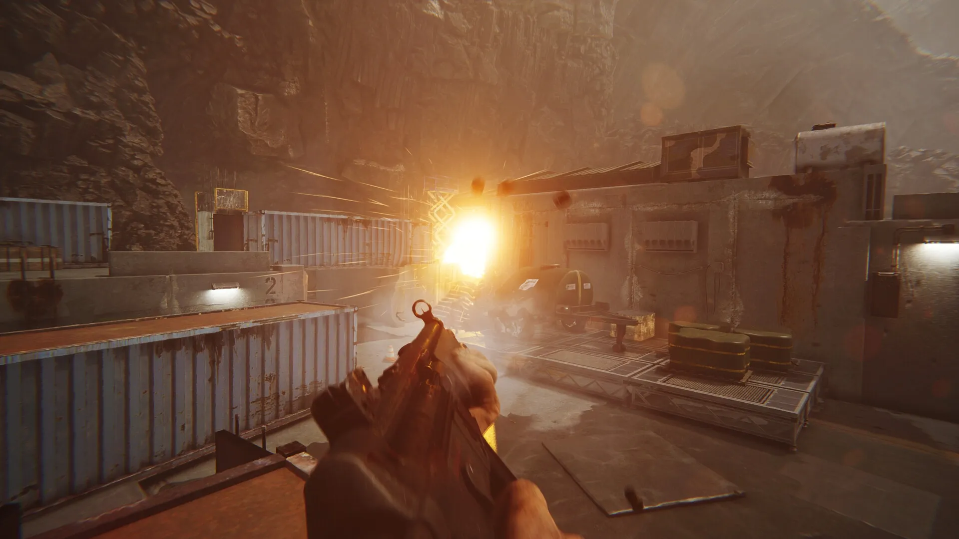FEROCIOUS: Player firing a weapon in a dimly lit industrial area with shipping containers and explosions.