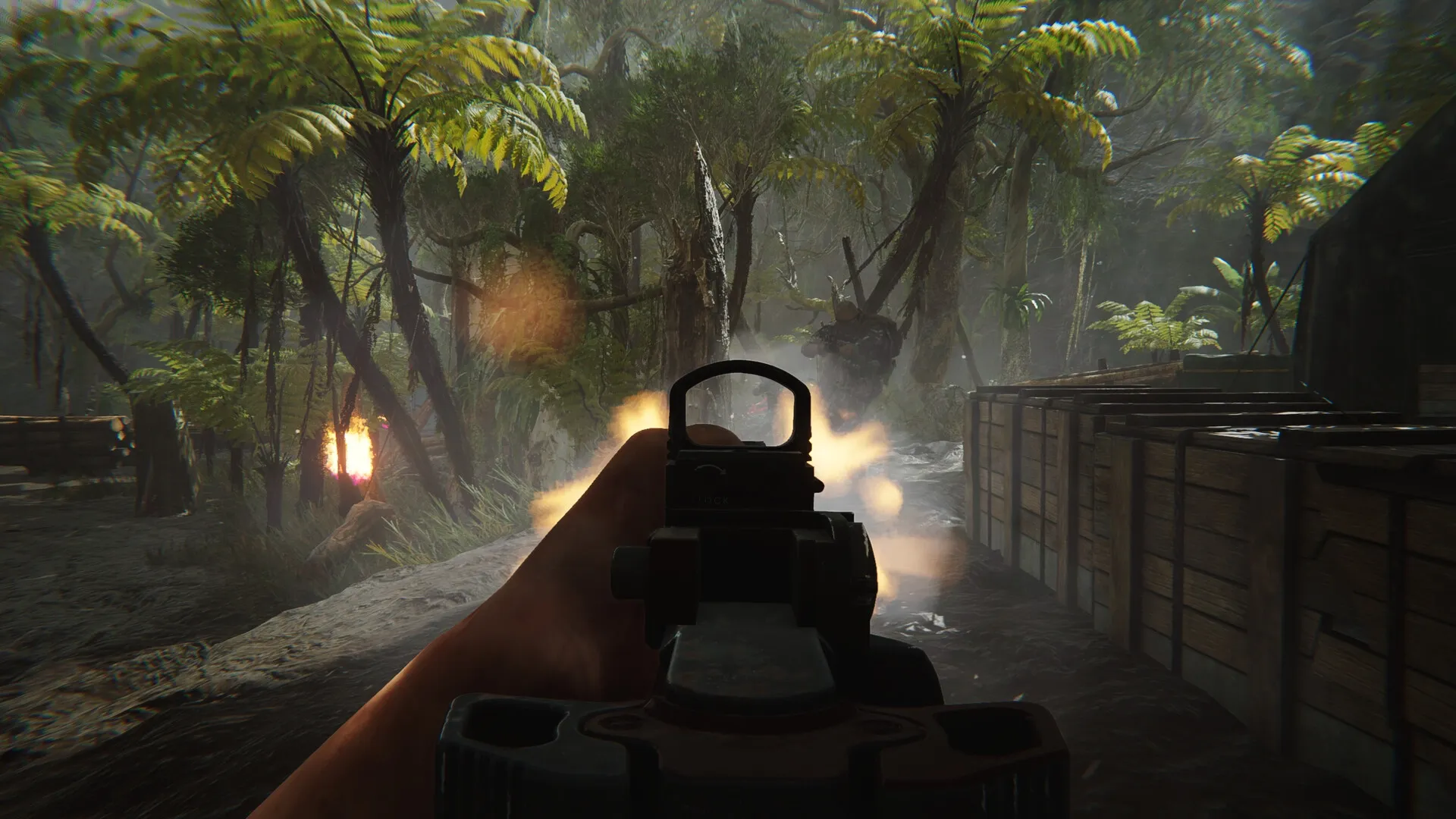 FEROCIOUS: Player firing weapon in dense jungle with crates, engaging unseen threat amidst foliage.