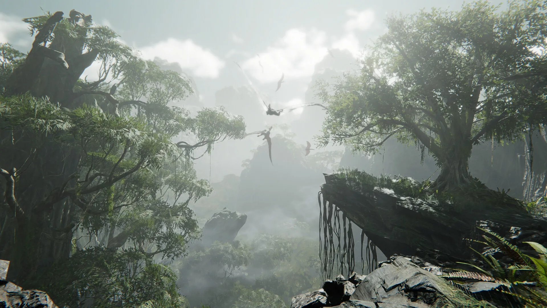 FEROCIOUS: Pterodactyls soaring over lush jungle landscape with misty mountains in the distance