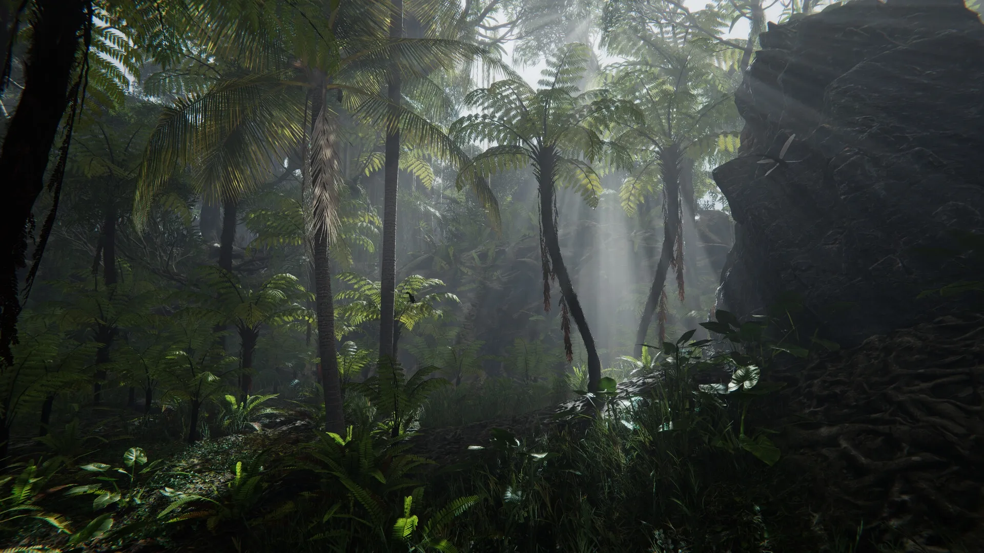 FEROCIOUS: Dense jungle environment with sunlight filtering through palm and fern trees