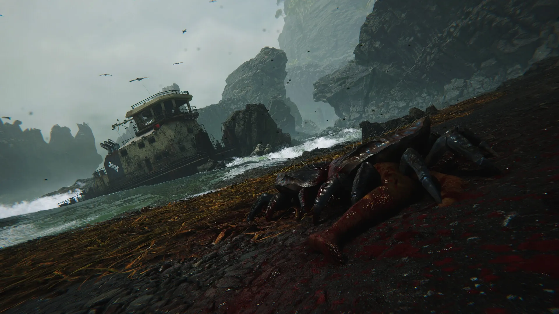 FEROCIOUS: A shipwreck on rocky shore with dinosaur remains in foreground, ominous cliffs surround the scene.