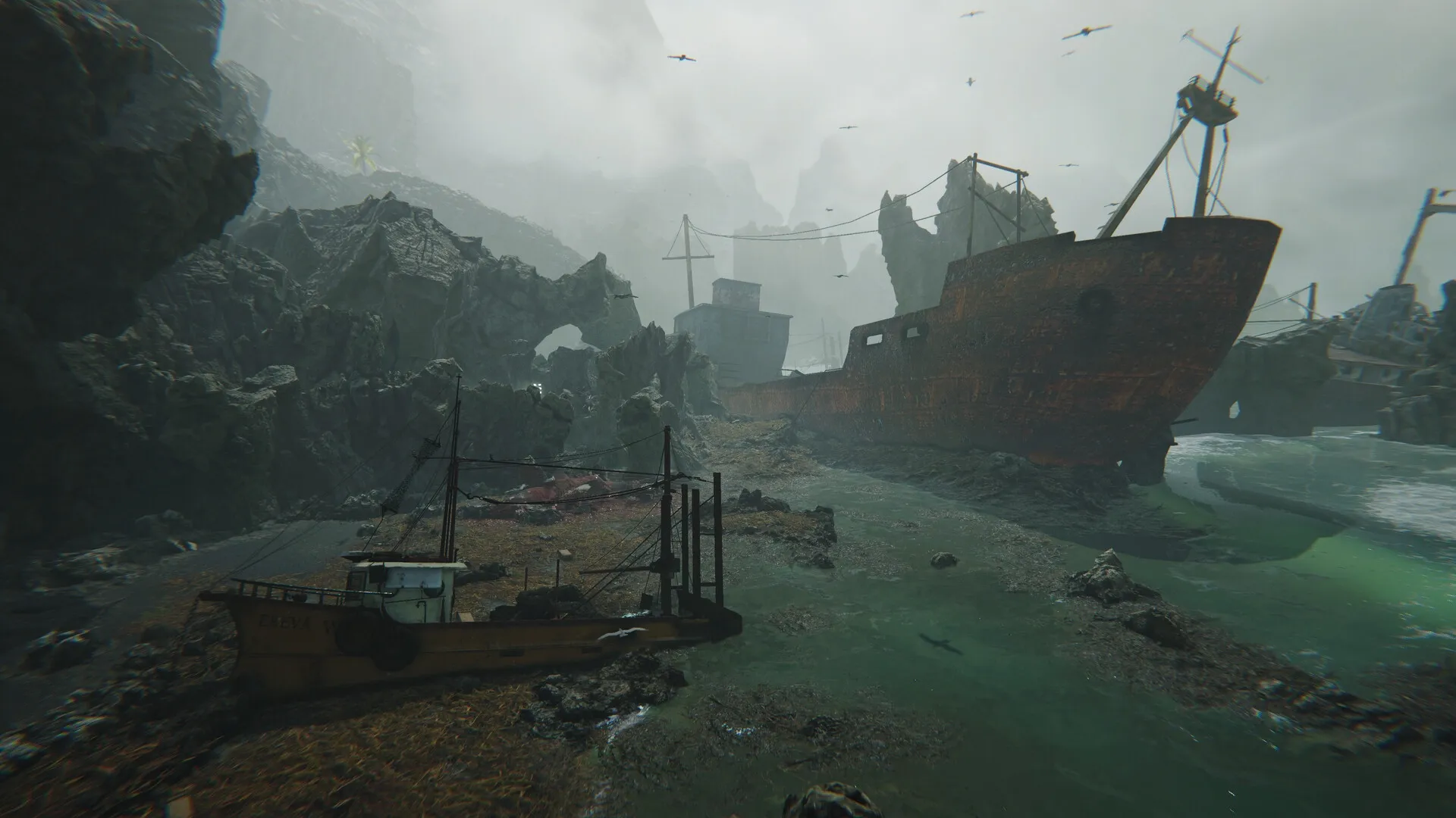FEROCIOUS: Abandoned ships rust along a rocky shore, shrouded in mist on a desolate island coast.