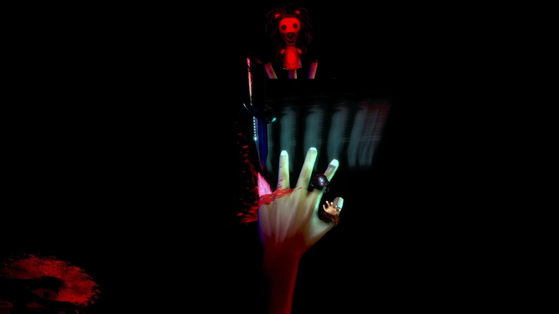FFFF: Bloodied hand with rings playing finger fillet as a knife blurs under a red doll figure.