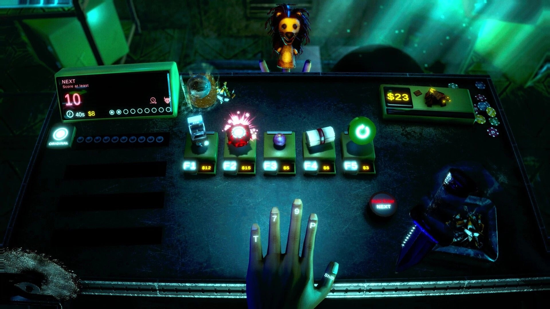 FFFF: Upgrade shop table with F1-F5 item buttons, score 10 goal, $23 cash, eerie lab backdrop.