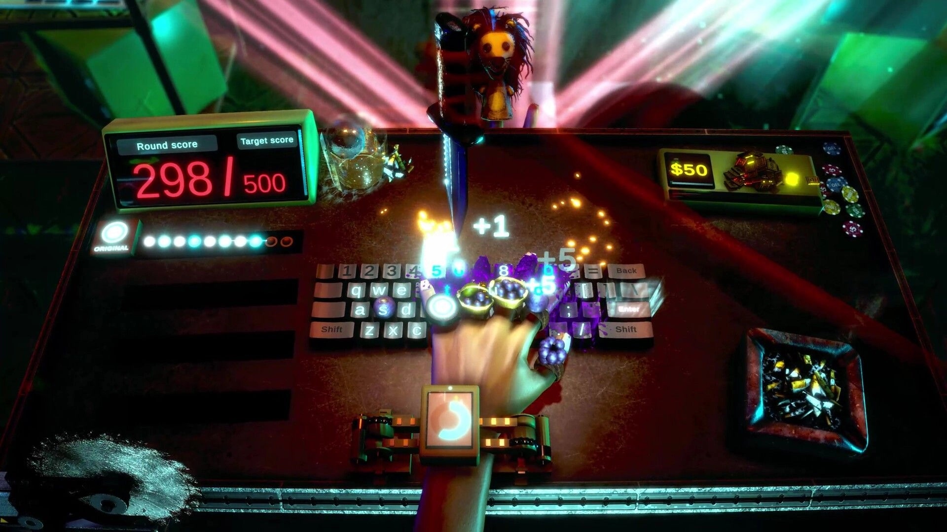 FFFF: Knife plunges between ringed fingers on keyboard, score 298/500 and $50 UI on table.