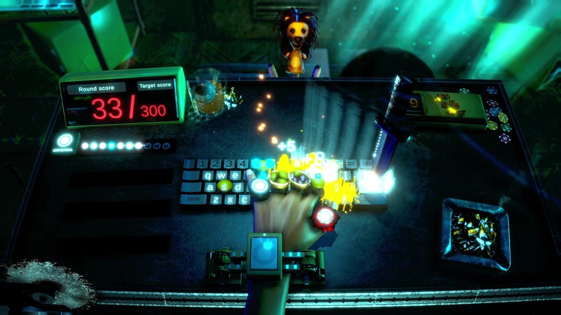 FFFF: Knife slams beside ringed hand on keyboard, score 33/300 UI on a neon tabletop scene.