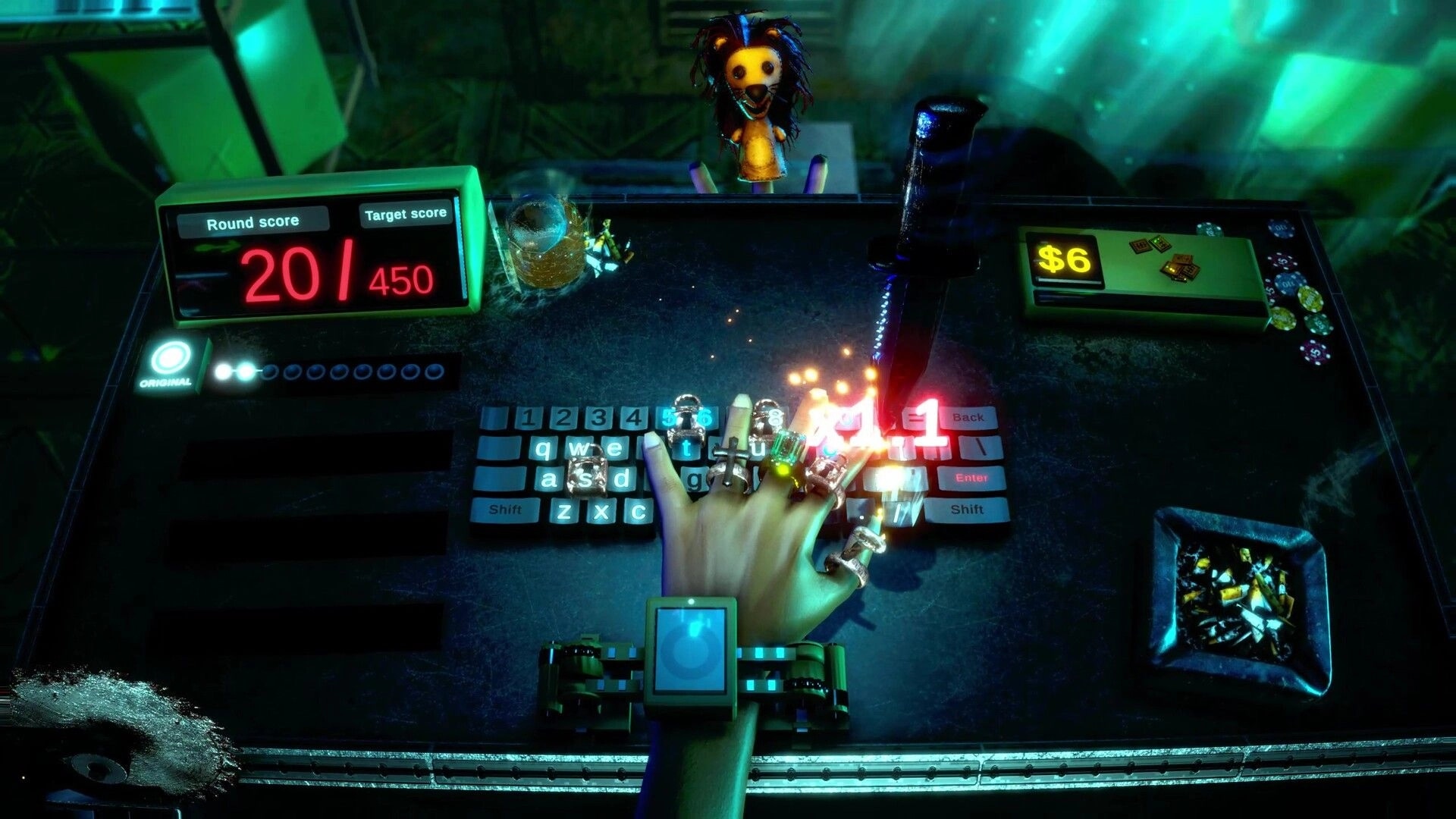FFFF: Ringed hand on keyboard as knife strikes sparks, score 20/450 and $6 on neon table.