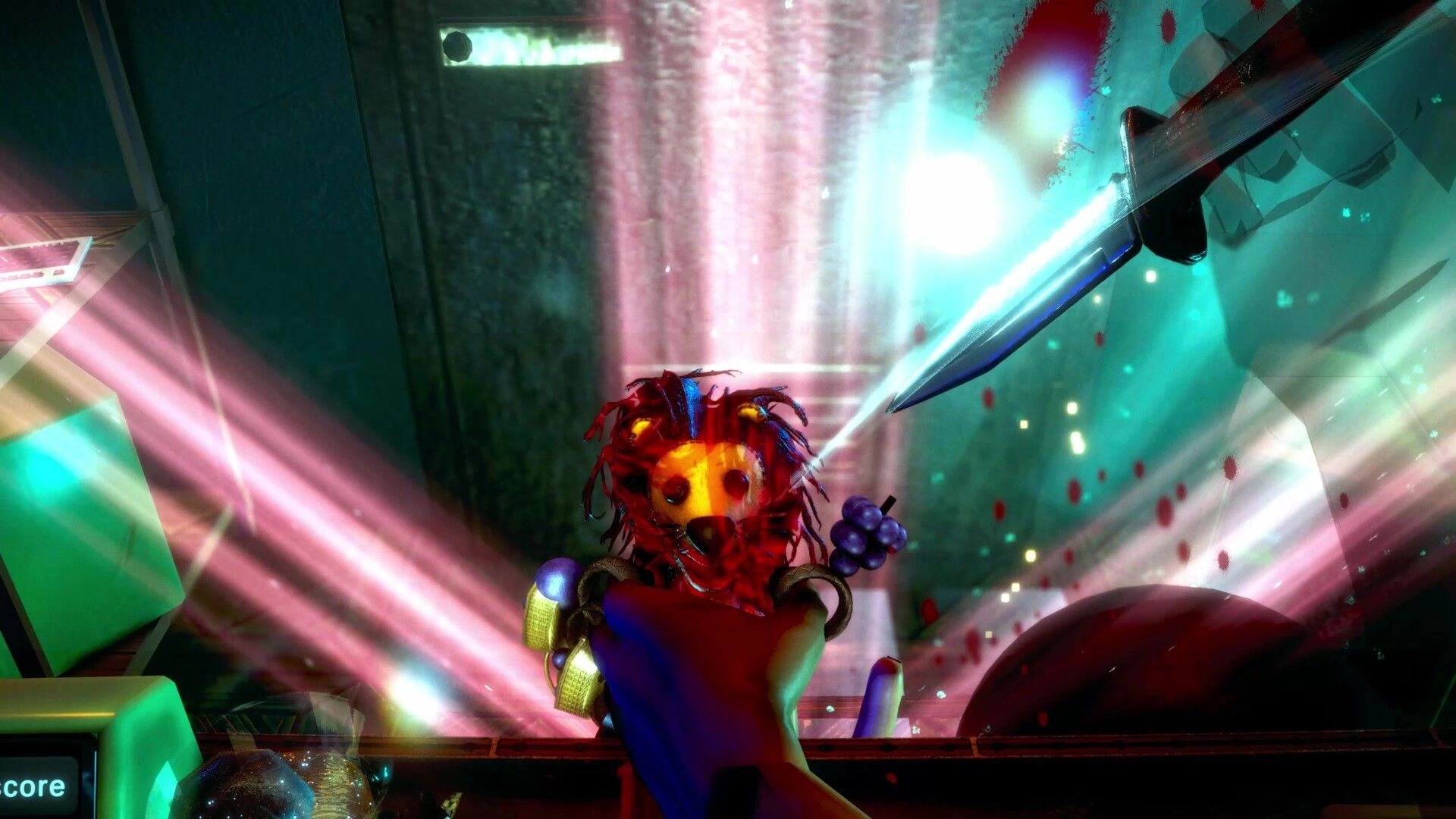 FFFF: First-person knife strike at a masked figure, blood splatter and neon beams in tight room.