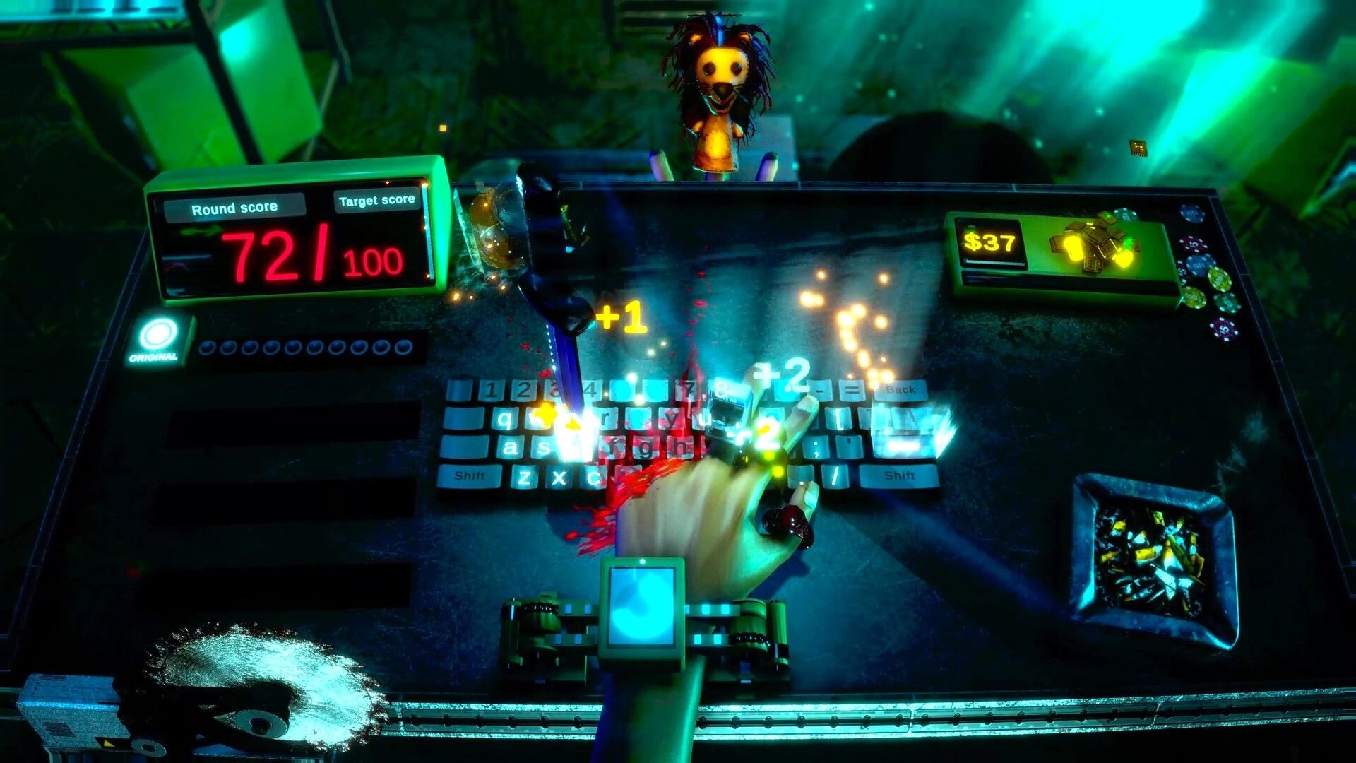FFFF: Knife stabbing between fingers on keyboard, round score 72/100 and $37 in neon lab room.