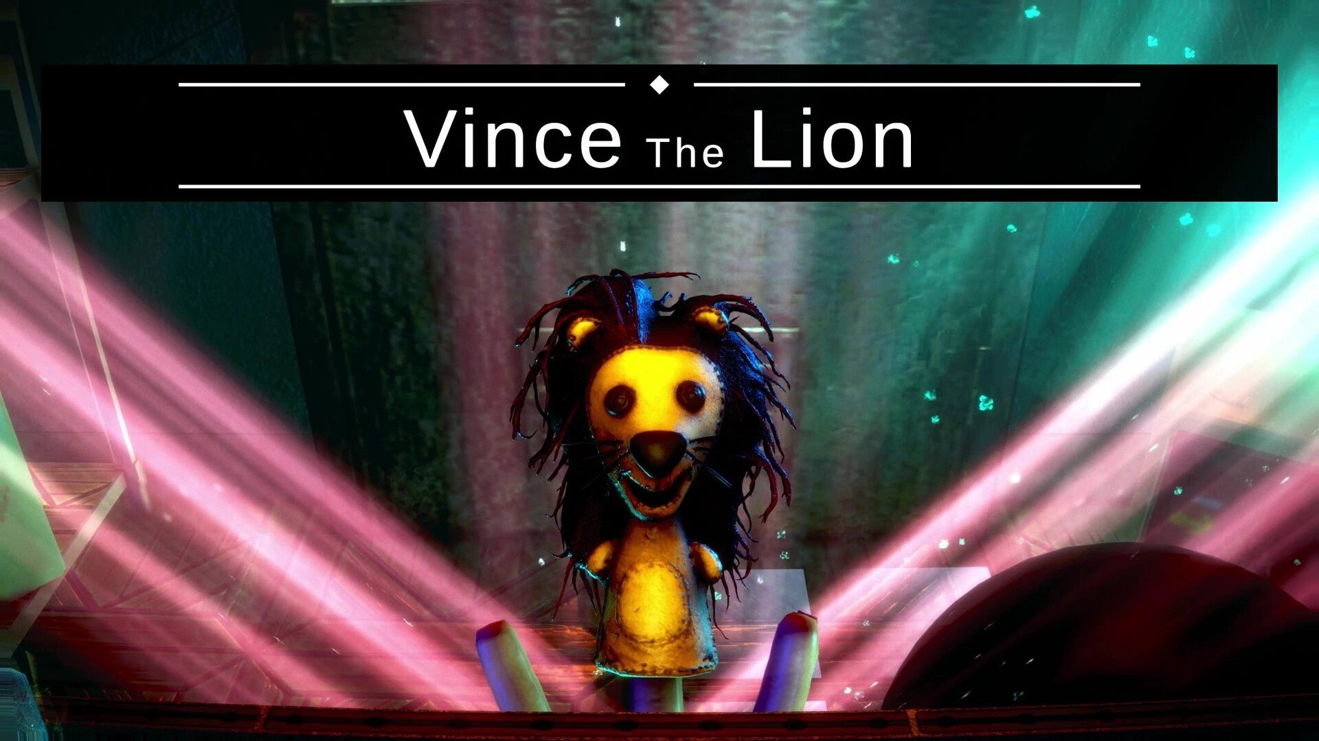 FFFF: "Vince the Lion" title card above a creepy lion puppet in neon-lit, smoky room.