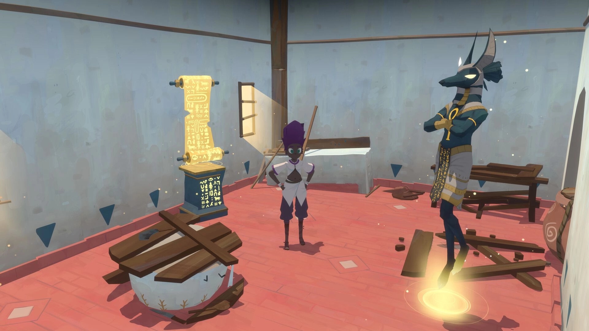 Fields of Aaru: Player talks to an Anubis-headed NPC inside a ruined room with glowing scroll altar.