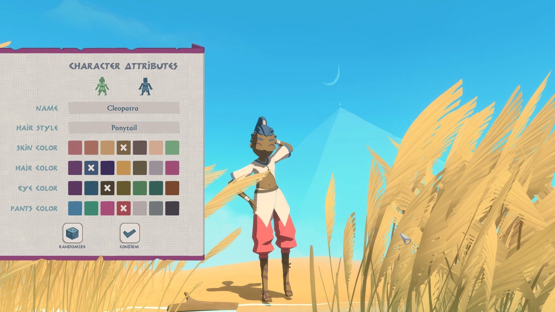 Fields of Aaru: Character attributes menu for Cleopatra beside avatar in sunny desert with tall reeds.