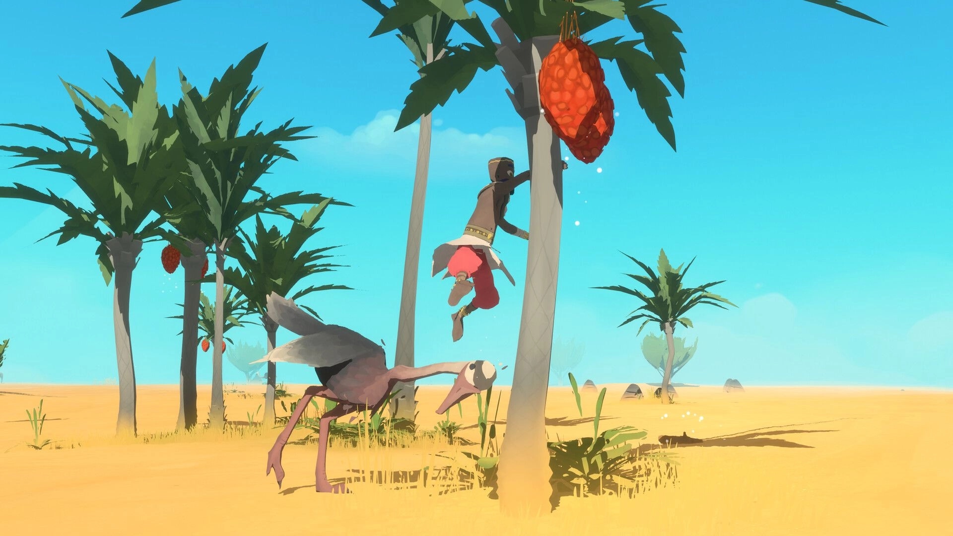 Fields of Aaru: Player climbs a palm tree to harvest dates in a sunny desert oasis with birds nearby.