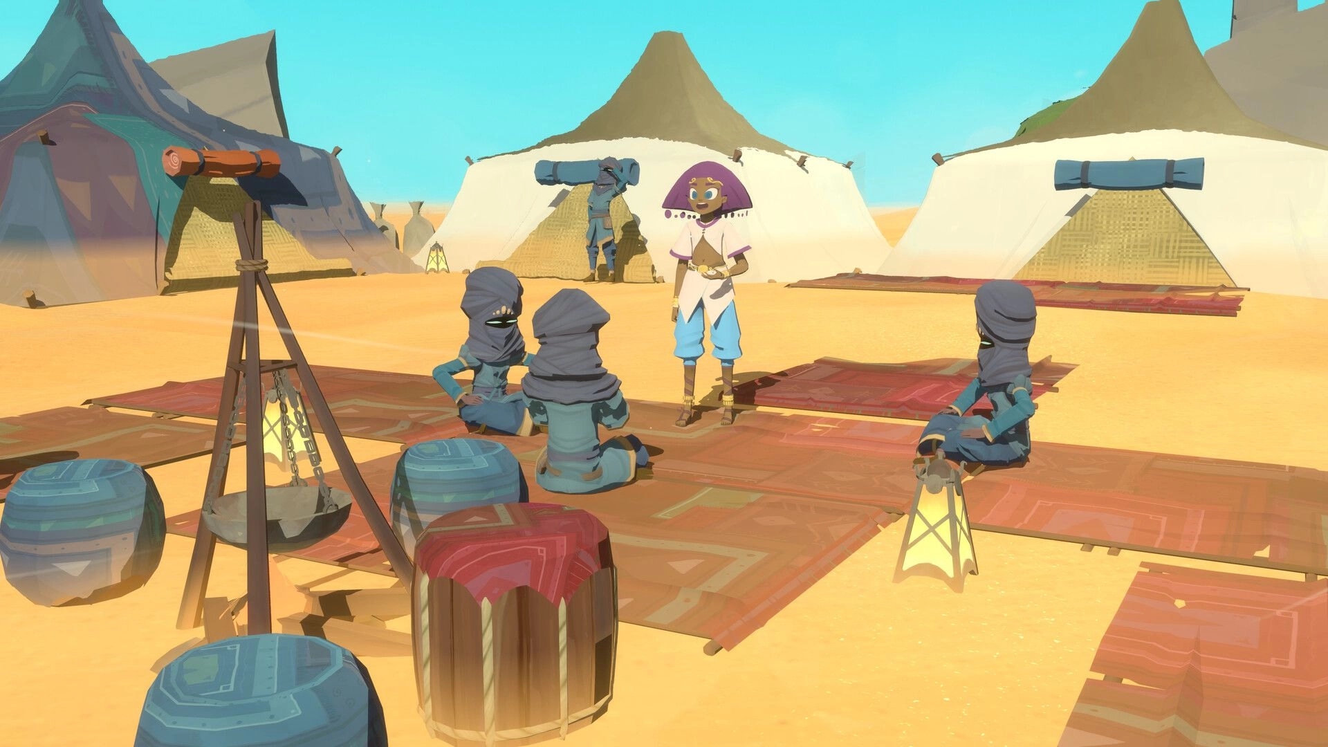 Fields of Aaru: Player chats with veiled villagers by lanterns on rugs in a desert tent camp.