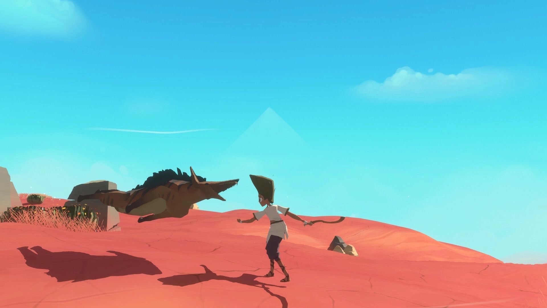 Fields of Aaru: Character with staff faces a leaping jackal-like beast on sunlit desert dunes.