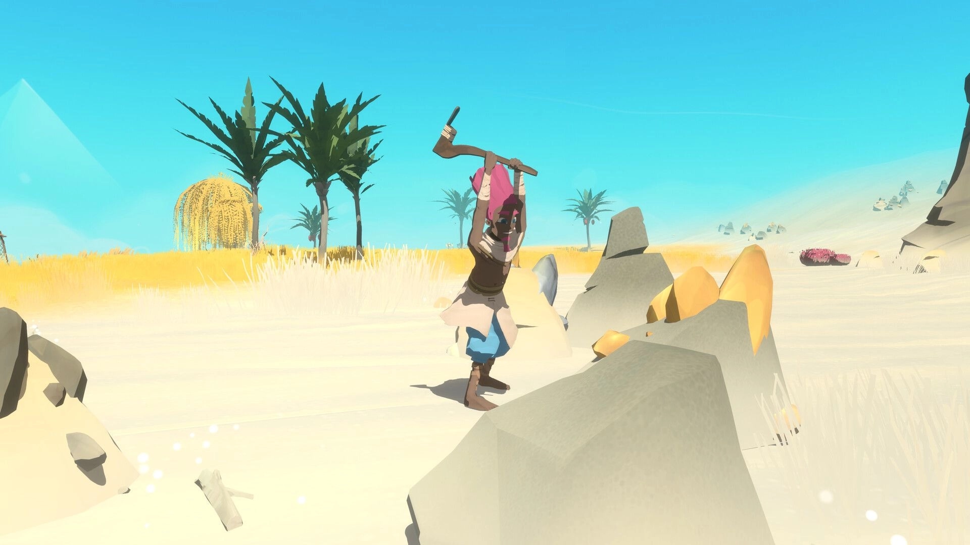 Fields of Aaru: Player swings a pickaxe at golden ore rocks in a bright desert with palm trees.