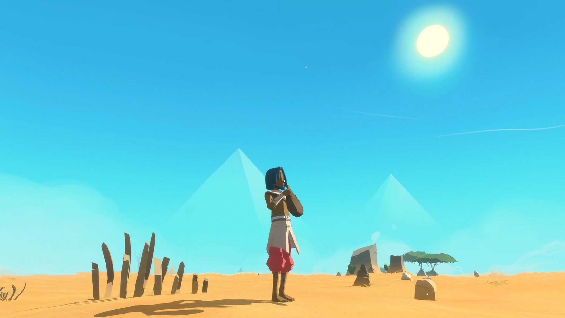 Fields of Aaru: Player character stands in sunlit desert with distant pyramids and scattered ruins behind.