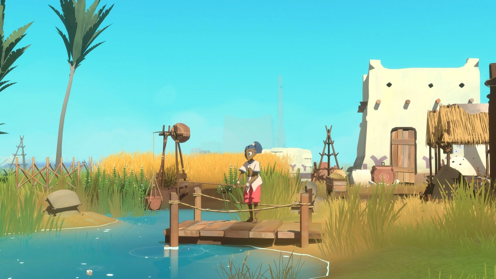 Fields of Aaru: Player character fishing on a wooden dock beside a farmhouse and wheat fields by water.