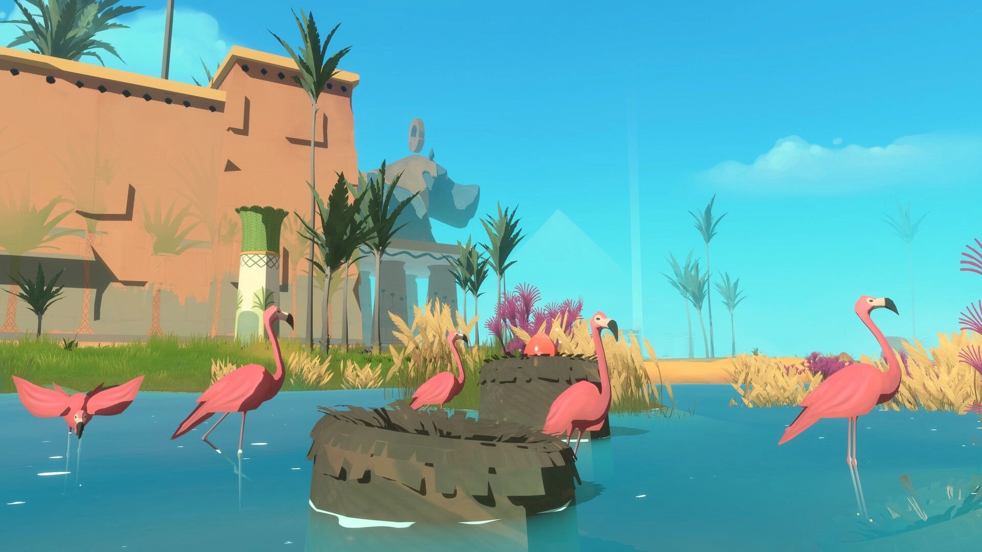 Fields of Aaru: Flamingos wade in a calm river beside palm trees and temple ruins under blue sky.