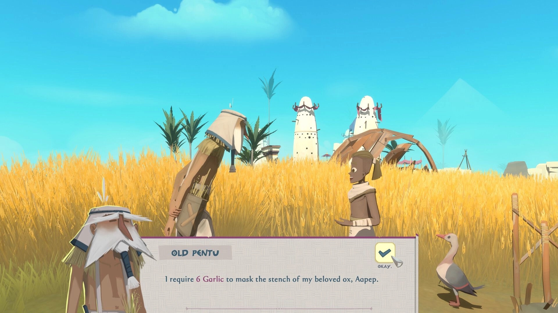 Fields of Aaru: Dialogue with Old Pentu requesting 6 garlic in a golden wheat field by village huts.