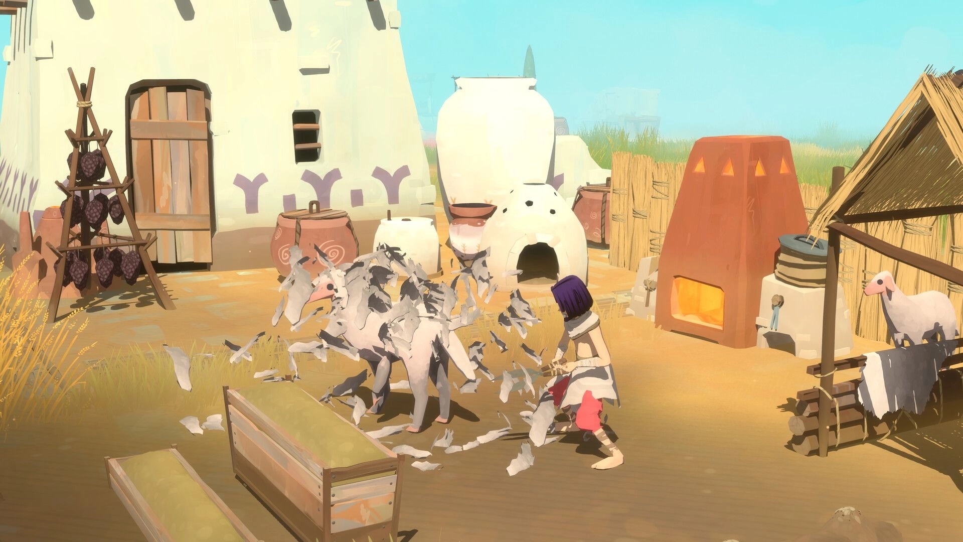 Fields of Aaru: Player shears a sheep in a farmyard with kiln, clay jars, and reed fences nearby.